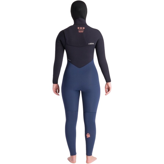 2024 C-Skins Womens NuWave ReWired 6/5mm Chest Zip Hooded Wetsuit C-NRW65WH - Bluestone / Black x / Coral